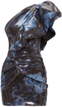 One-shoulder Floral-print Sequinned Mini Dress - Womens - Navy