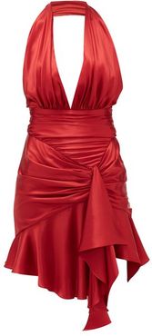 Halterneck Ruched Silk-blend Satin Mini Dress - Womens - Red