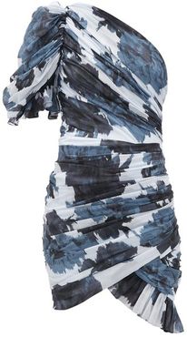 Ruched One-shoulder Floral-print Cotton Dress - Womens - Navy Print