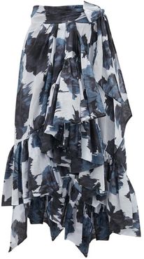 Ruffled Tie-waist Floral-print Cotton Midi Skirt - Womens - Navy Print