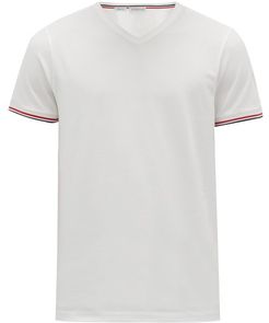 V-neck Striped-cuff Cotton-blend T-shirt - Mens - White