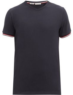 V-neck Striped-cuff Cotton-blend T-shirt - Mens - Navy