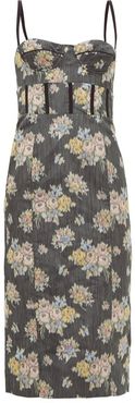 Corseted Floral-jacquard Midi Dress - Womens - Black Multi