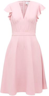 Flounced-sleeve Flared Crépe Midi Dress - Womens - Light Pink
