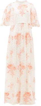 Rose-embroidered Cape-sleeve Lace Gown - Womens - Ivory Multi