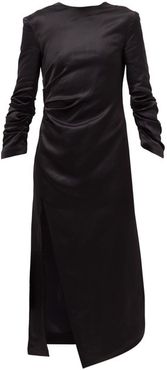 Gathered Satin Midi Dress - Womens - Black