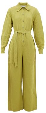 Dafne Belted Linen-blend Jumpsuit - Womens - Light Green