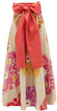 Waist-tie Floral-embroidered Herringbone Skirt - Womens - Red Multi