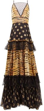 Mesh-insert Zebra Polka-dot Fil-coupé Tiered Gown - Womens - Black Gold