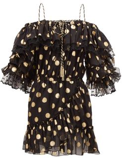 Off-the-shoulder Polka-dot Silk-blend Mini Dress - Womens - Black Gold