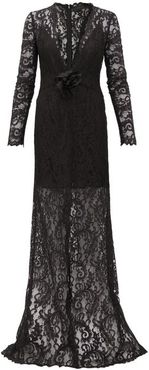 Plunge-neck Chantilly-lace Maxi Dress - Womens - Black