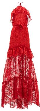 Ruffled Halterneck Guipure-lace Gown - Womens - Red