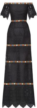 Floral-embroidered Guipure-lace Bardot Dress - Womens - Black Multi