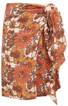 Mosa Tie-front Floral-print Cotton Skirt - Womens - Brown Print