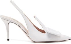 Buckle Grosgrain And Leather Slingback Pumps - Womens - White