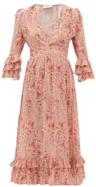 Aloe-print Ruffled-hem Silk-crepe Dress - Womens - Pink Print