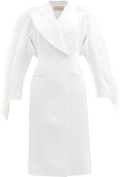Feather-trim Double-breasted Duchess-satin Coat - Womens - White