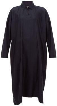 Band-collar Wool-blend Jacquard Midi Dress - Womens - Navy