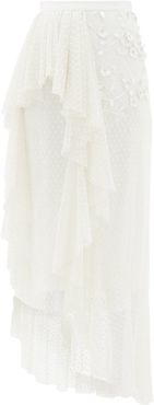 Ruffled Floral-appliqué Swiss-dot Tulle Skirt - Womens - White