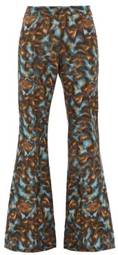 Abstract-print Twill Slim-leg Flared Trousers - Womens - Navy Print