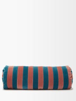 Cylindrical Striped Cotton-velvet Bolster Cushion - Blue Multi