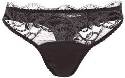 Signature Lace-trimmed Silk-blend Thong - Womens - Black
