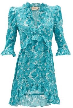 Ruffled Floral-print Silk Mini Dress - Womens - Blue Print