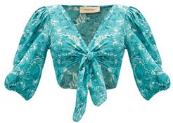 Tie-front Floral-print Crepe De Chine Top - Womens - Blue Print