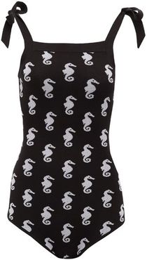 Lina Shoulder-tie Seahorse-jacquard Bodysuit - Womens - Black Print