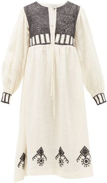 Agadir Cross-stitched Linen Midi Dress - Womens - Cream