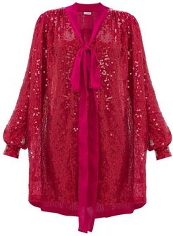 Pussy-bow Sequinned Dress - Womens - Fuchsia