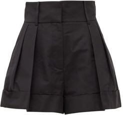 High-rise Pleated Cotton-blend Shorts - Womens - Black