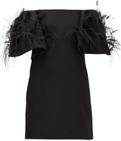 Off-the-shoulder Feather-trimmed Wool-blend Dress - Womens - Black