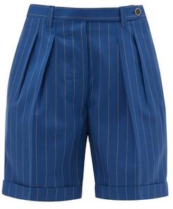 The Husband Pleated Pinstriped Wool Shorts - Womens - Blue Stripe