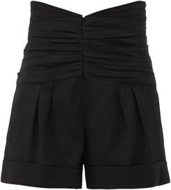 Gathered-waist Tailored Grain De Poudre Shorts - Womens - Black