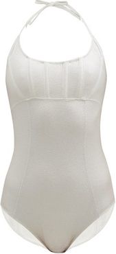 Corset Boned Metallic-jersey Halterneck Swimsuit - Womens - Silver