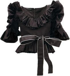 Ruffled Upcycled-satin Belted Blouse - Womens - Black