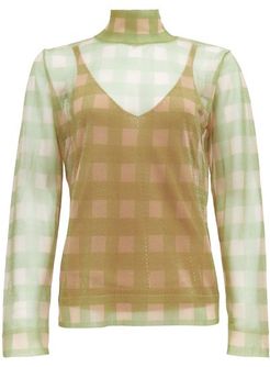 High-neck Check Knitted Top - Womens - Beige