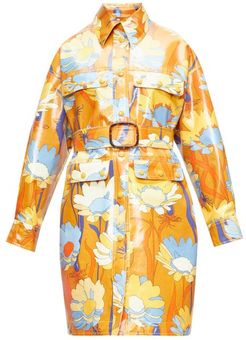 Daisy-print Coated-cotton Coat - Womens - Brown Multi