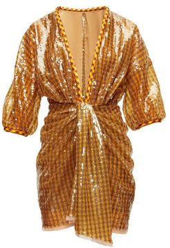 Sequinned Plunge-neck Mini Dress - Womens - Brown Print