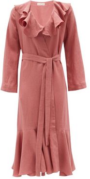 Esme Ruffled Organic-linen Wrap Dress - Womens - Dark Pink