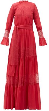 Lace-panelled Tiered Chiffon Gown - Womens - Pink