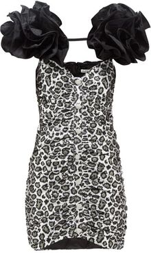 Ruffled Metallic Leopard-jacquard Mini Dress - Womens - Black Silver