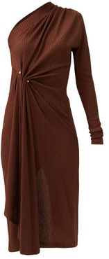 Hanna One-shoulder Pinned Ribbed-jersey Dress - Womens - Dark Brown
