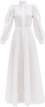 High-neck Linen-blend Broderie Anglaise Gown - Womens - White