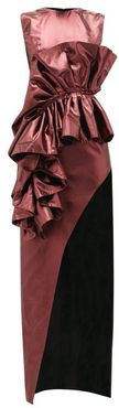 Ruffled Upcycled-lamé Dress - Womens - Burgundy