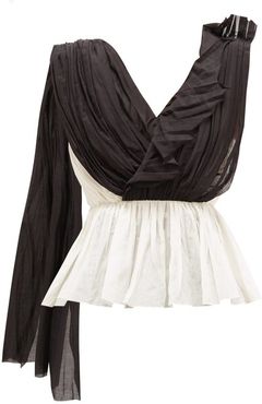 Asymmetric Draped Cotton-blend Blouse - Womens - Black White