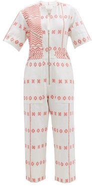 Embroidered Striped Cotton Jumpsuit - Womens - Pink Print