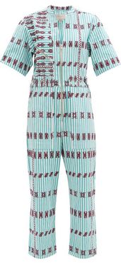 Embroidered Striped Cotton Jumpsuit - Womens - Blue Print