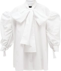 Tie-neck Balloon-sleeved Cotton-poplin Mini Dress - Womens - White